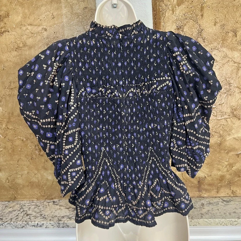 Sea New York Delphine Puff Sleeve Smocked Top Small? Black Blue Geometric Cotton - Picture 6 of 12